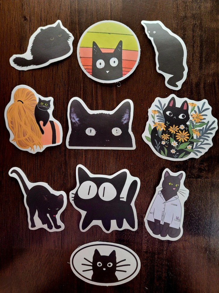 STICKERS x 10 Black Cats Kitten Cartoon Flower Daisy Cat Kitty Face FEBD4