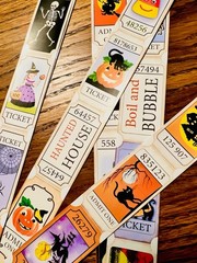 Set of 24 Retro Vintage Halloween Ticket STICKERS – Just Cut & Use!