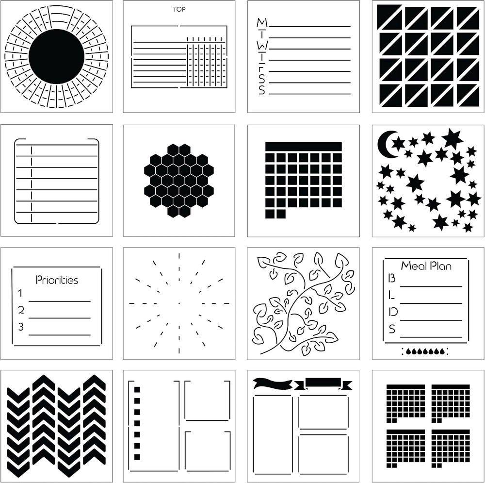 Portable Planner Stencils – x16 Small Square Journal Stencils with Templates for