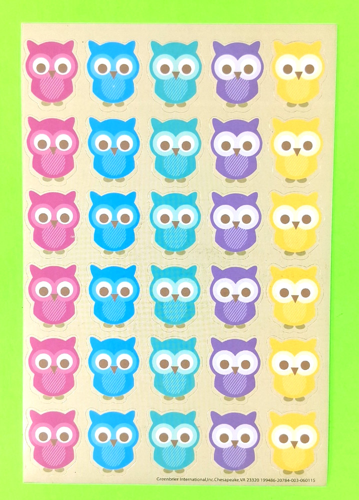 Vintage Owls Sticker Sheet Pink Blue Green Purple & Yellow