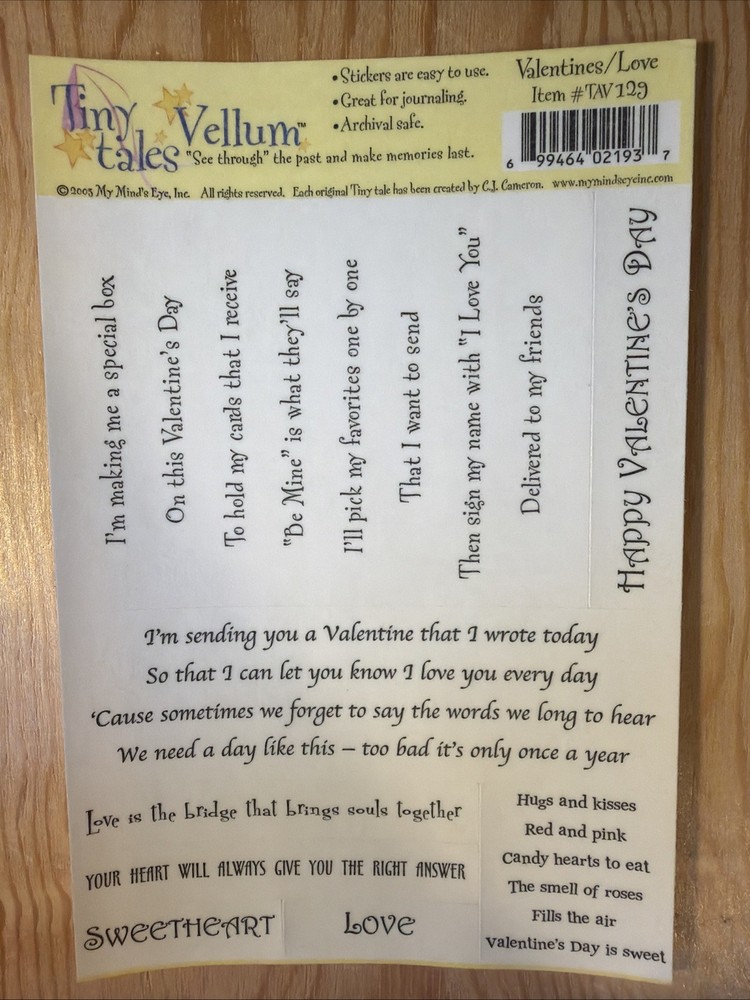 Valentines Love Words & Phrases Vellum Sticker Sheet Scrapbook Craft Stickers
