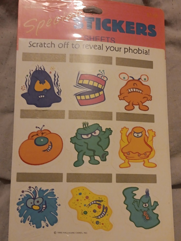 Vintage 1990 Hallmark «Special Stickers» Sheet-Scratch Off To Reveal Your Phobia