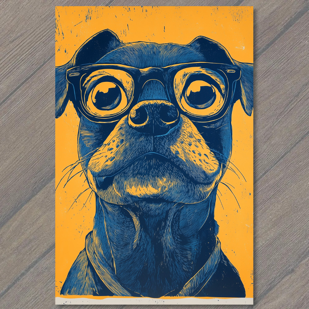 STICKER Dog Glasses Yellow Blue Serious Face Cartoon Mustache Whiskers Comic