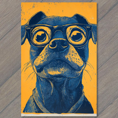 STICKER Dog Glasses Yellow Blue Serious Face Cartoon Mustache Whiskers Comic