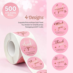500Pcs Pink Thank You Stickers Roll – 4 Rose Gold Foil Font Designs, 1.5 Inch Th