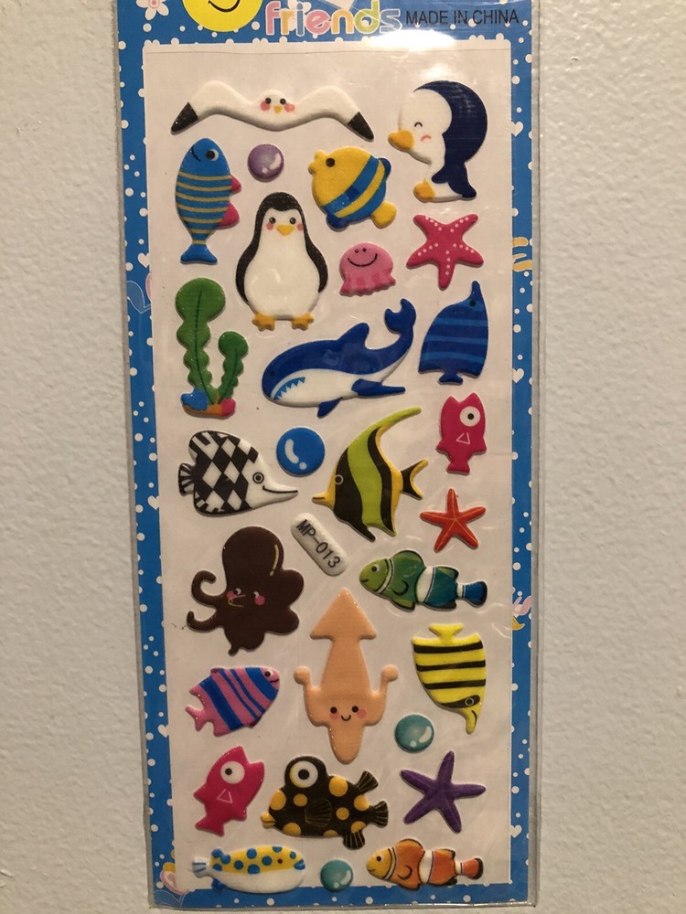 Kawaii Cute Whales, Penguin And Fish Glitter Puffy Sticker Sheet Scrapbooking