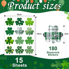 180 Pcs St. Patrick’S Day Stickers Bulk, 15 Sheets Assorted Shamrock Clover Stic