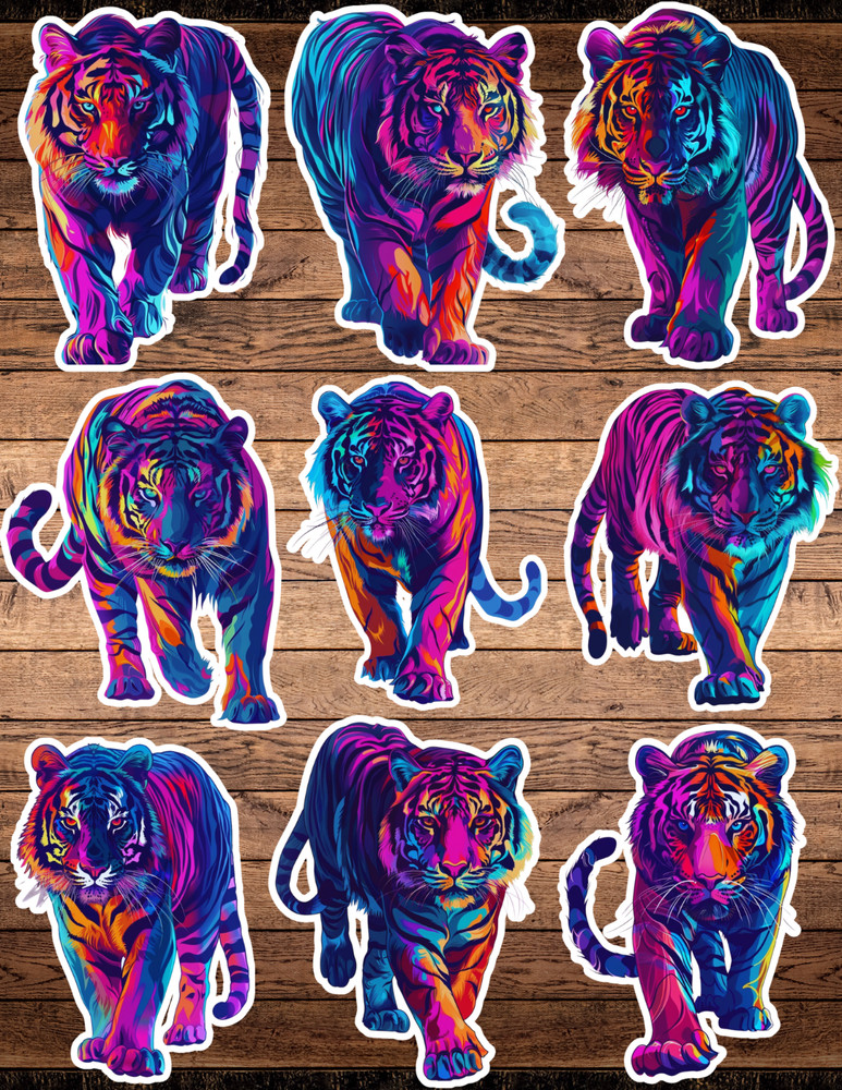 Vibrant Colorful Tigers Die Cut Vinyl Stickers Scrapbooking Laptop Waterbottle