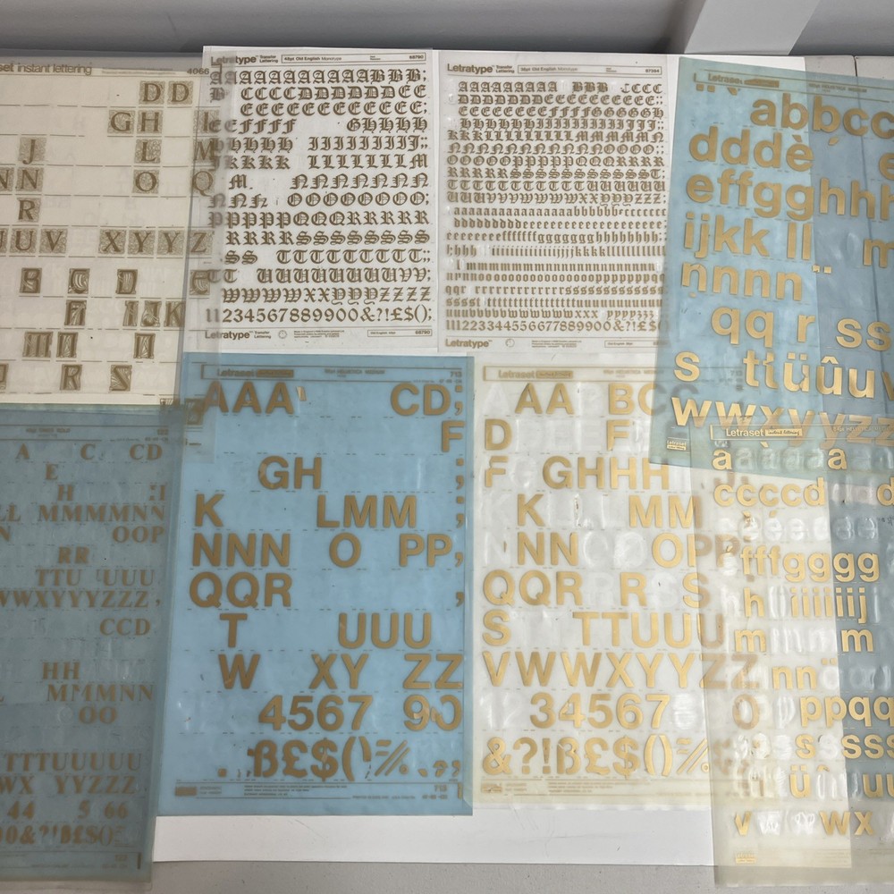 Letraset GOLD 84/96/120pt Helvetica, 36pt Old English, 48pt Times Etc – 8 Sheets