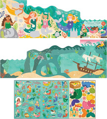 Mermaid World Sticker Activity Book, Giant Fold Out, 34” X 12” Opened, 100+ Stic
