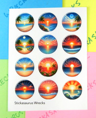 Beach & Tropical Sunset Scenes Round Stickers Sheet Style 1