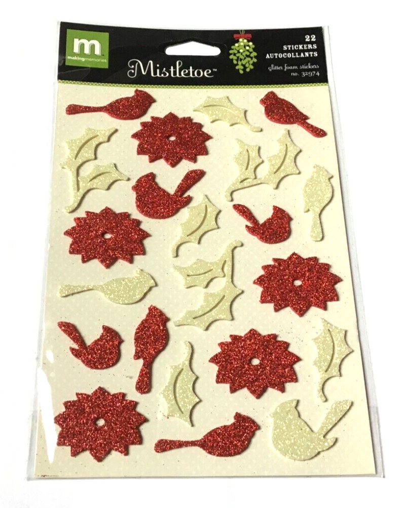 MAKING MEMORIES RED GLITTER FOAM STICKERS CHRISTMAS CARDINAL POINSETTIAS HOLLY *