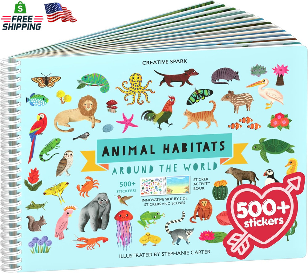 Animal Sticker Book Activity for Kids with 500+ Habitat Stickers, Toddler Airpla