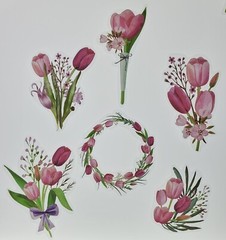 Pink Tulips Floral stickers. 30 stickers. 15 designs-2 each.