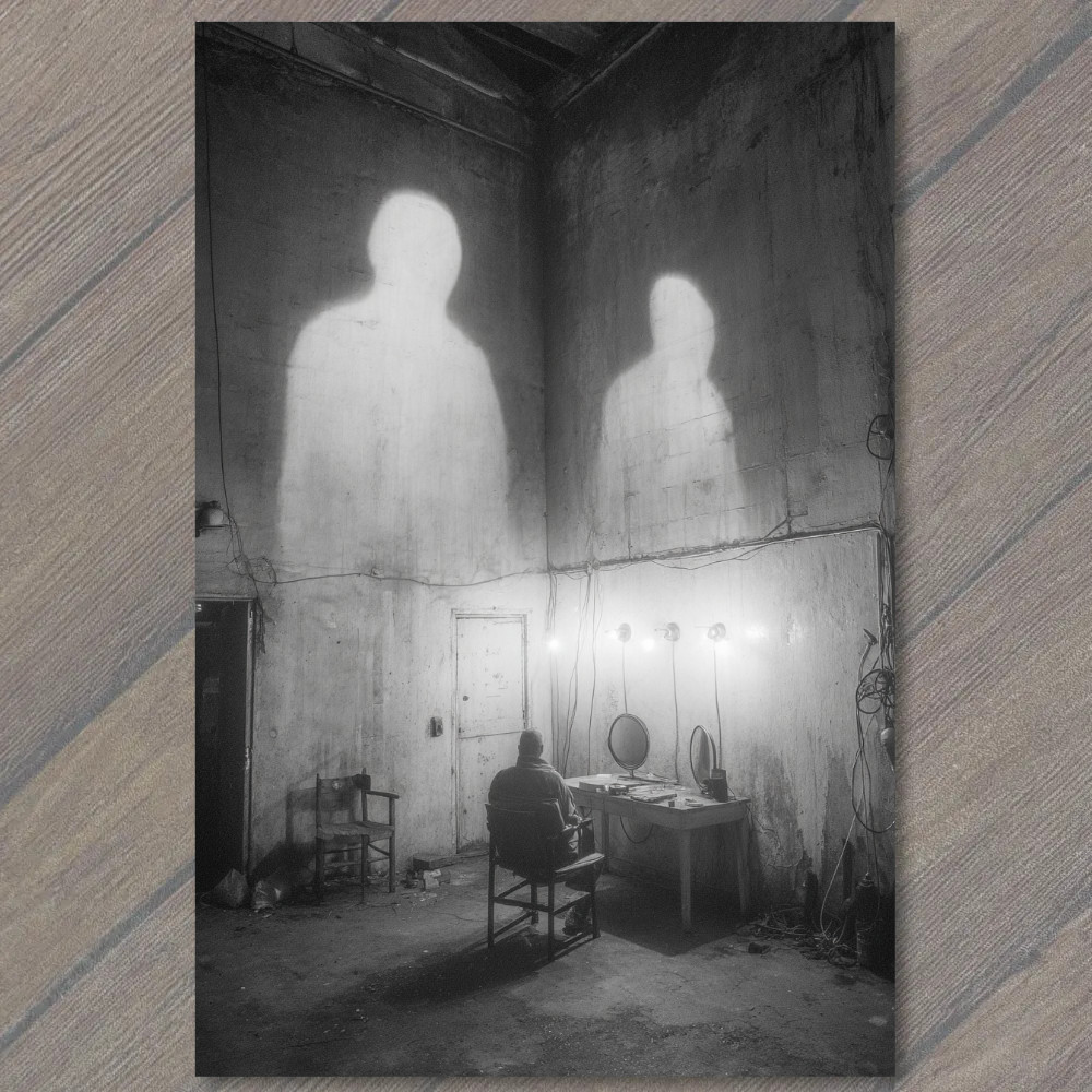 STICKER Shadow Figures Loom Over Seated Man Industrial Room Eerie Glow