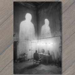STICKER Shadow Figures Loom Over Seated Man Industrial Room Eerie Glow