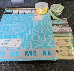 Gender Neutral Scrapbooking Lot 2 pads paper, Ribbons, Embellishments Lettering