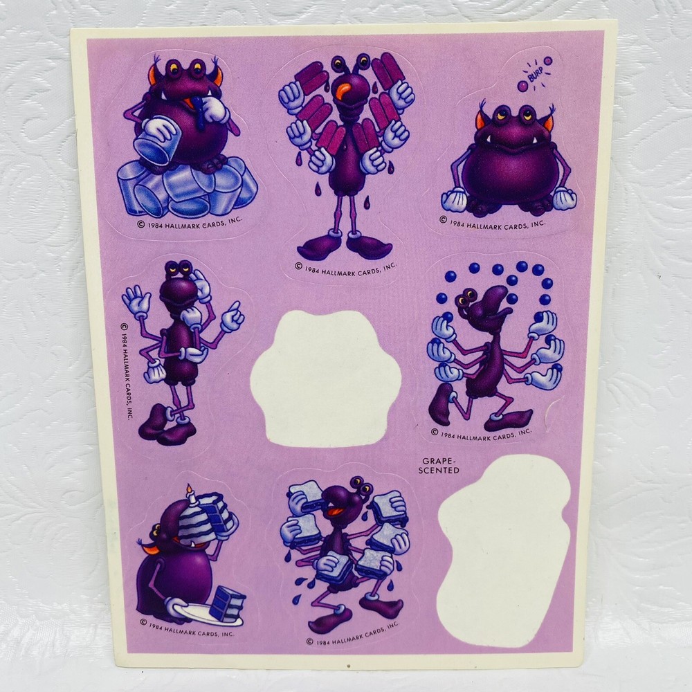 Vintage 1984 USED Hallmark Purple Grape Scented Scratch N Sniff Stickers 1 Sheet