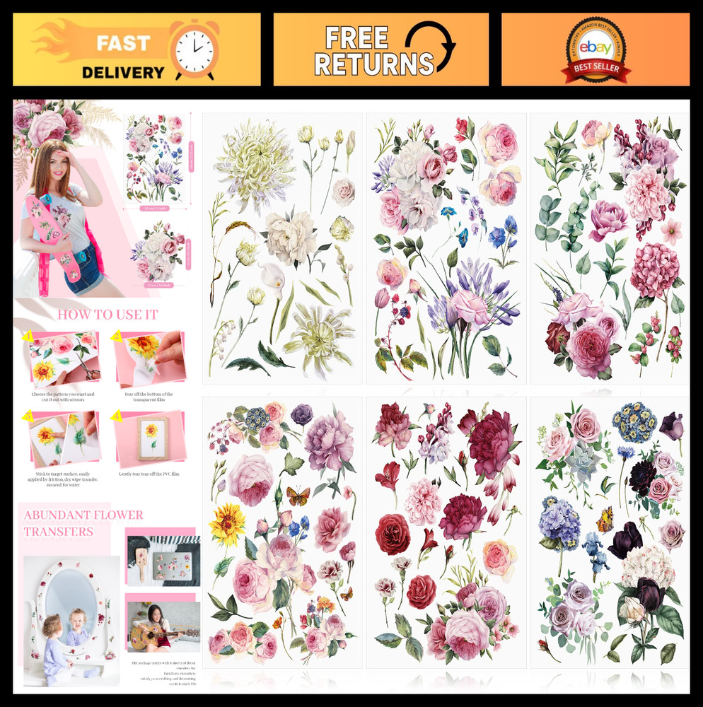Vintage Floral Rub-On Transfers – 6 Sheets Spring Flowers Decals for DIY Crafts,