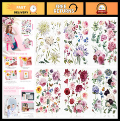 Vintage Floral Rub-On Transfers – 6 Sheets Spring Flowers Decals for DIY Crafts,