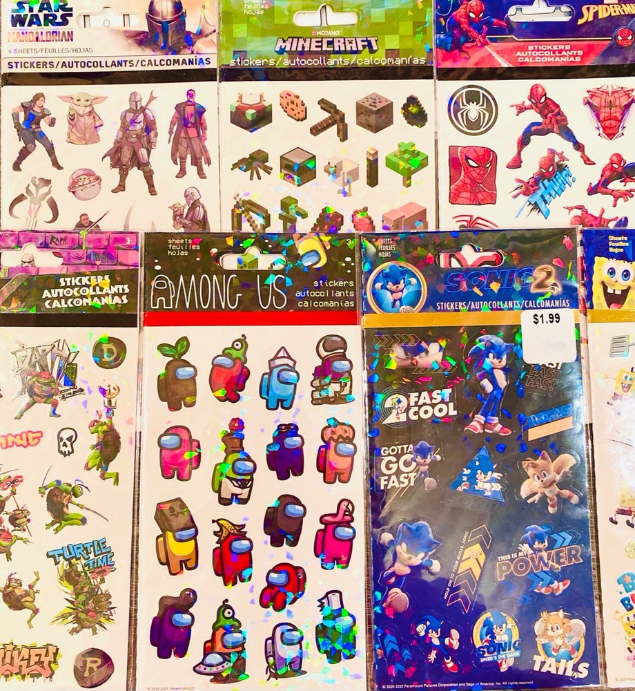 44+ Full STICKER Sheets Popular Character Themes SPIDERMAN Ninja Turtles SONIC +