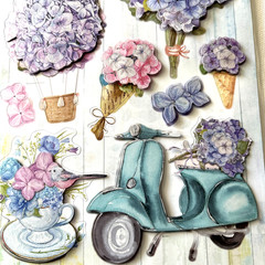 Crafters Square Purple Pink Bouquet Floral 9 Pc Pop Up Stickers French Scooter