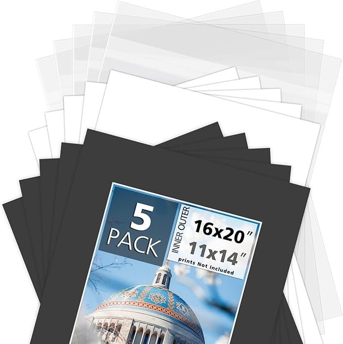 Acid-Free Pre-Cut 16×20 Picture Mat Sets for 11×14 Photos Backers & Clear Bags