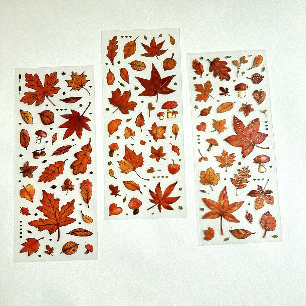 3 Sheets Autumn Orange Red Leaf Stickers Gold Foil Junk Journaling Collage