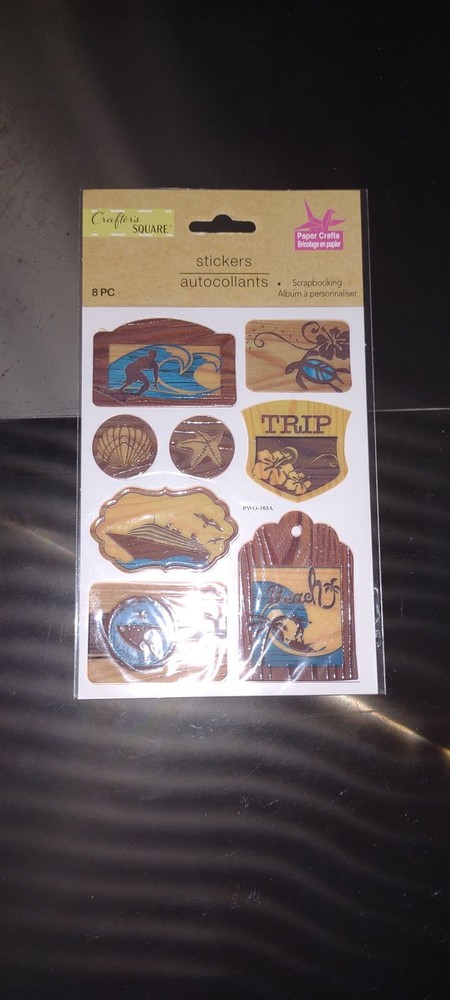 Crafters Square Stickers Paper Crafts Scrapbooking 8PC Beach Tropical Wood Icons