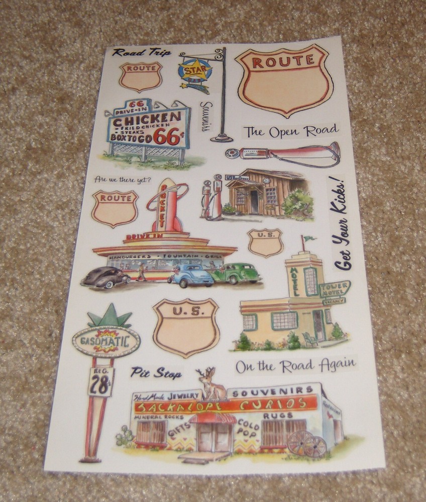 PSX Designs Sticker Sheet ~ Road Trip….Road Signs, Words/Phrases, Icons….