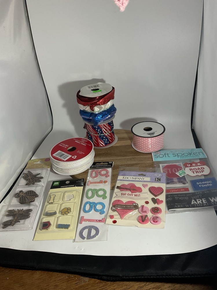 Craft Lot Ribbon, Scrapbook Stickers, Embellishments (F)