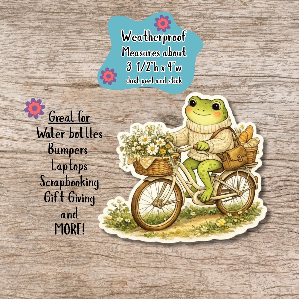 Cozy Cottagecore Frog Sticker, Frog riding a bike die cut sticker