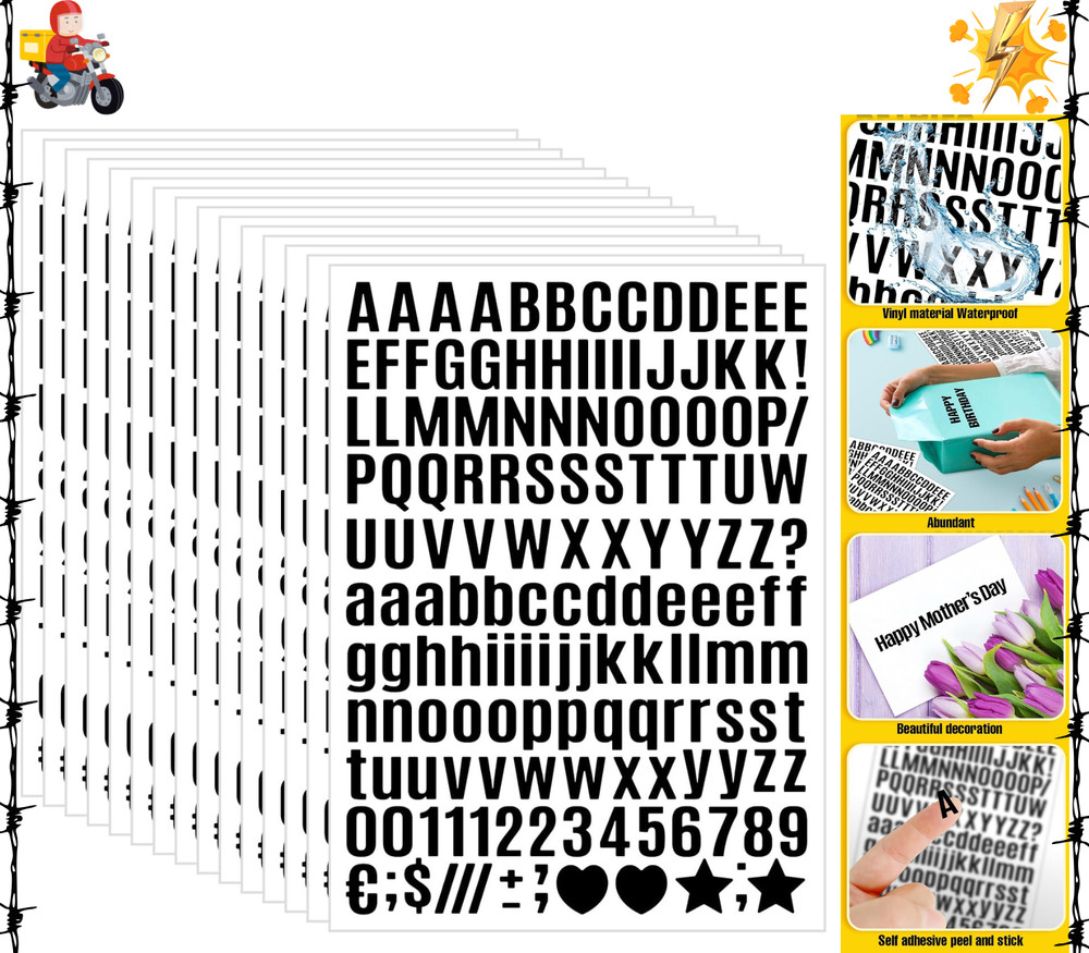 15 Sheet Small Letter Stickers – 1/2 Inch Black Vinyl Self Adhesive Alphabet Num