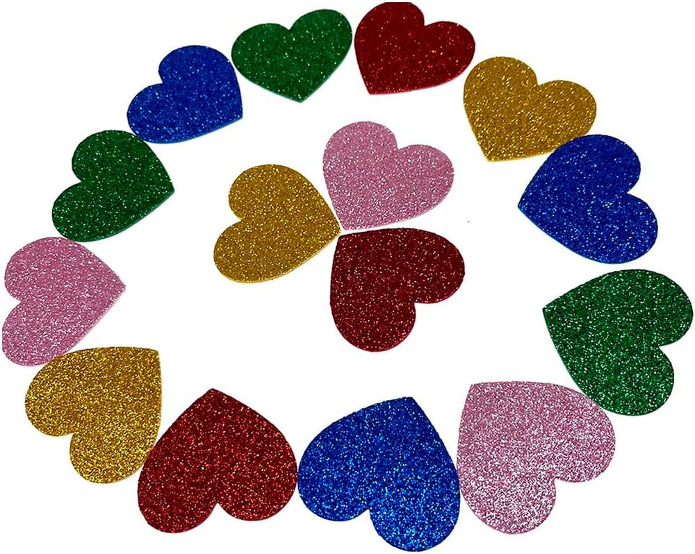 45Pcs Colorful Glitter Foam Stickers- Self Adhesive Heart Shape Glitter Sticker