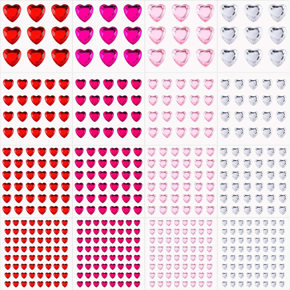 516 Pcs Heart Rhinestones Sticker Acrylic Heart Gems Stickers Crystal Gems Self