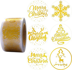 Christmas Stickers, 1.5 Inches, 600 Sheets, 6 Waterproof Transparent Gold Foil S