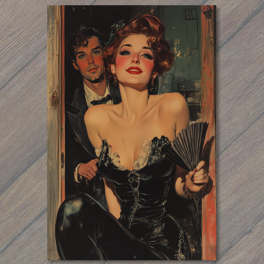STICKER Flirty Redhead Elegant Fan Door Scene With Man Retro Seductive Look