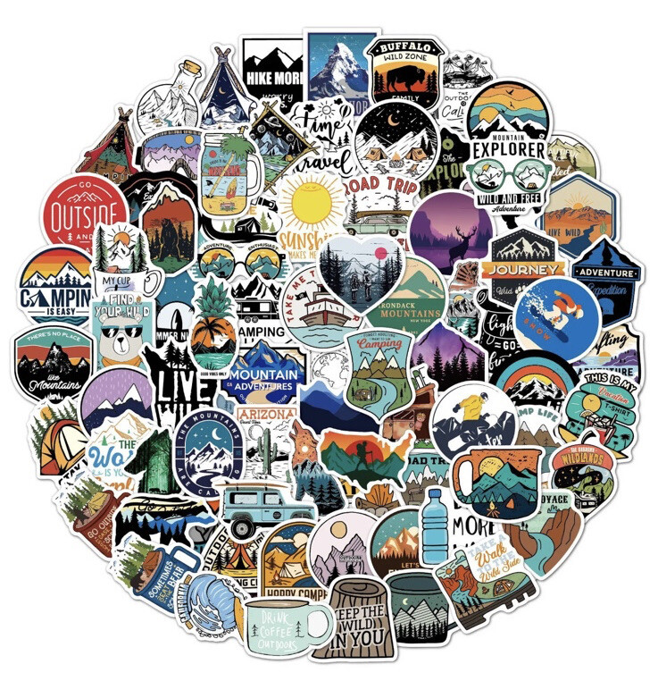100 Outdoor Camping Hiking Wilderness & Nature Themed Vinyl Stickers no Repeats