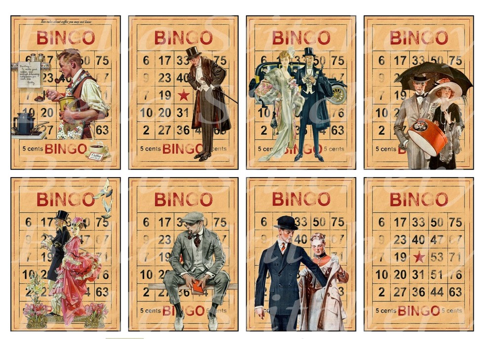 Handmade Set of 8 Retro Vintage Bingo Gentlemen STICKERS – Just Cut & Use!
