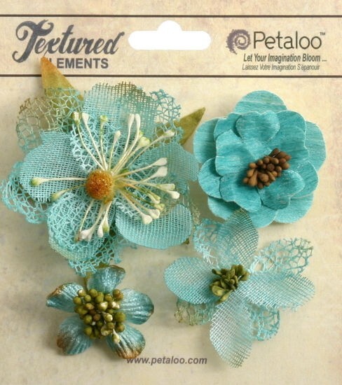 Mixed Textured Blossoms TEAL BLUE x 4 Fabric Mesh Flowers 35-60mm Petaloo C2b