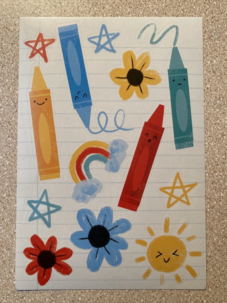 Cute Crayon Stickers Rainbow Kid Style Sunshine Flowers Stars Single Sheet New
