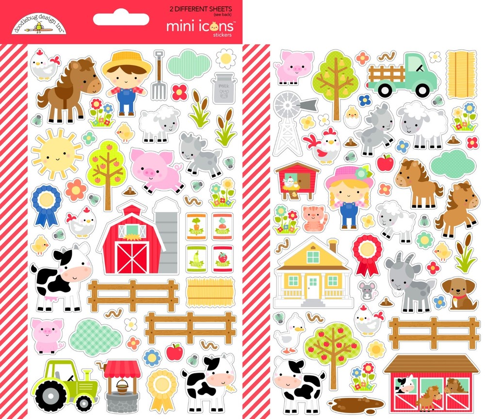 Doodlebug Mini Icon Stickers Down on the Farm Animals Farmer Barn Tractor Well
