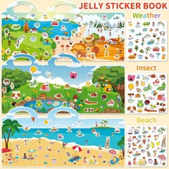 3 Sets Reusable Jelly Sticker Books 3-6 | Kids Travel Weather Insect Beach Toys