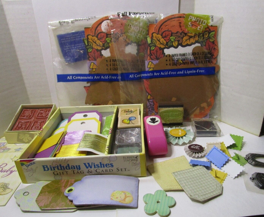 Mixed Lot of Scrapbooking Supplies – Stamps, Frames, Shapes, Embosser, Ink, Tags
