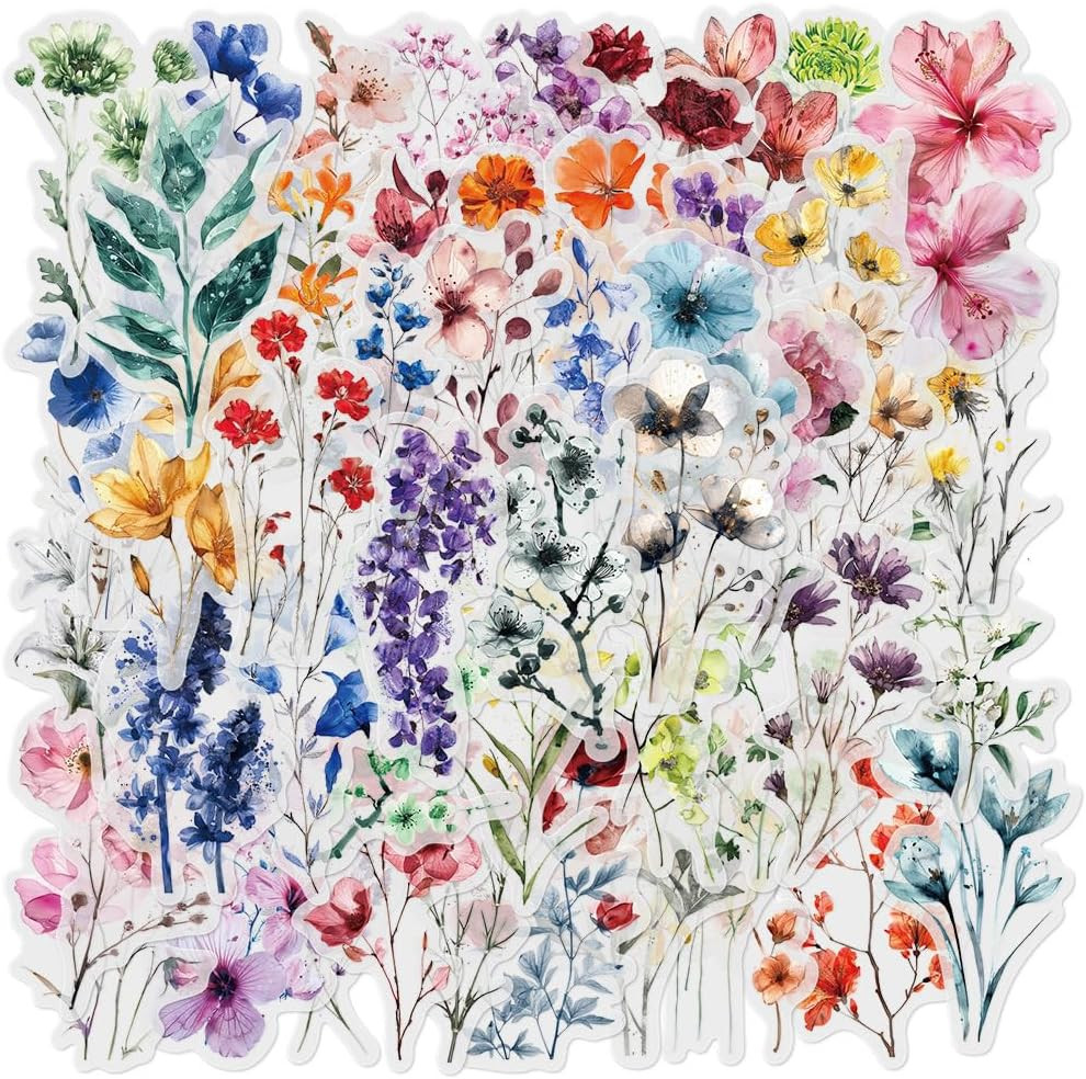 50-Pack Transparent Waterproof Watercolor Wildflower Flower Scrapbook Stickers –