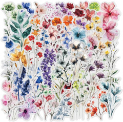 50-Pack Transparent Waterproof Watercolor Wildflower Flower Scrapbook Stickers –