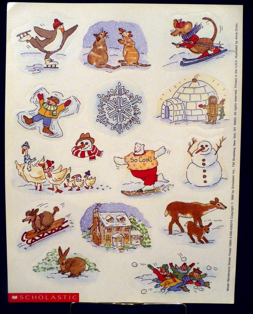1990 SCHOLASTIC WINTER FUN 15 STICKERS 1 SHEET 8.5″ x 11″ ANIMALS DEER DOG MICE