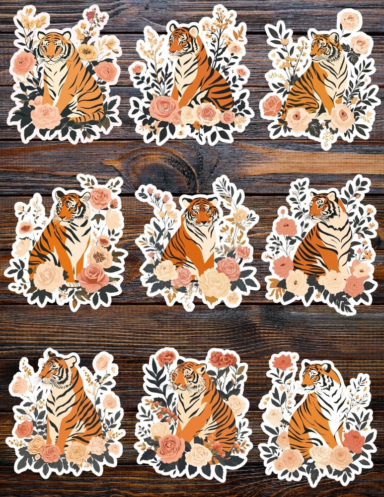 Floral Tiger Vinyl Die Cut Stickers Set Scrapbooking Laptop Waterbottle