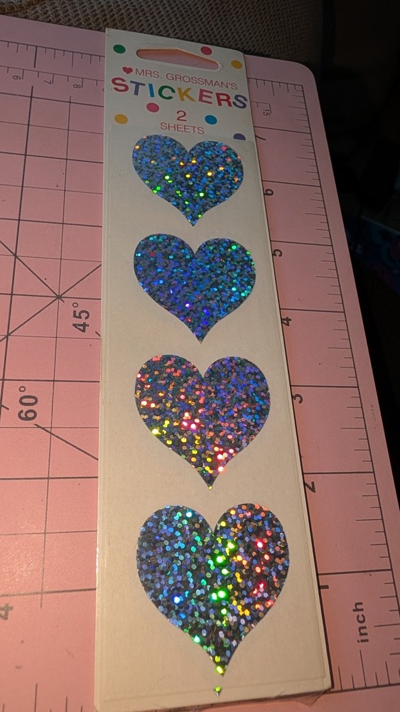Vintage Mrs Grossmans Stickers Sparkle Big Hearts Silver 2 Sheets New In Pack