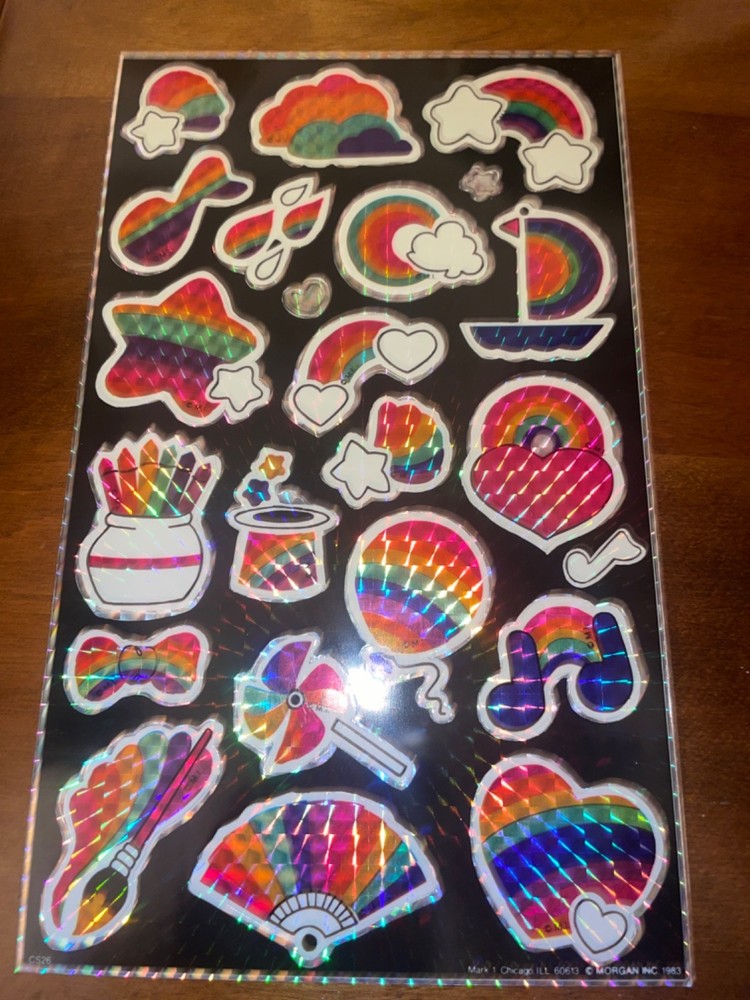 Vintage Prism Sticker Sheet Mark 1 Brand Rainbow Hearts Star 1980s Large